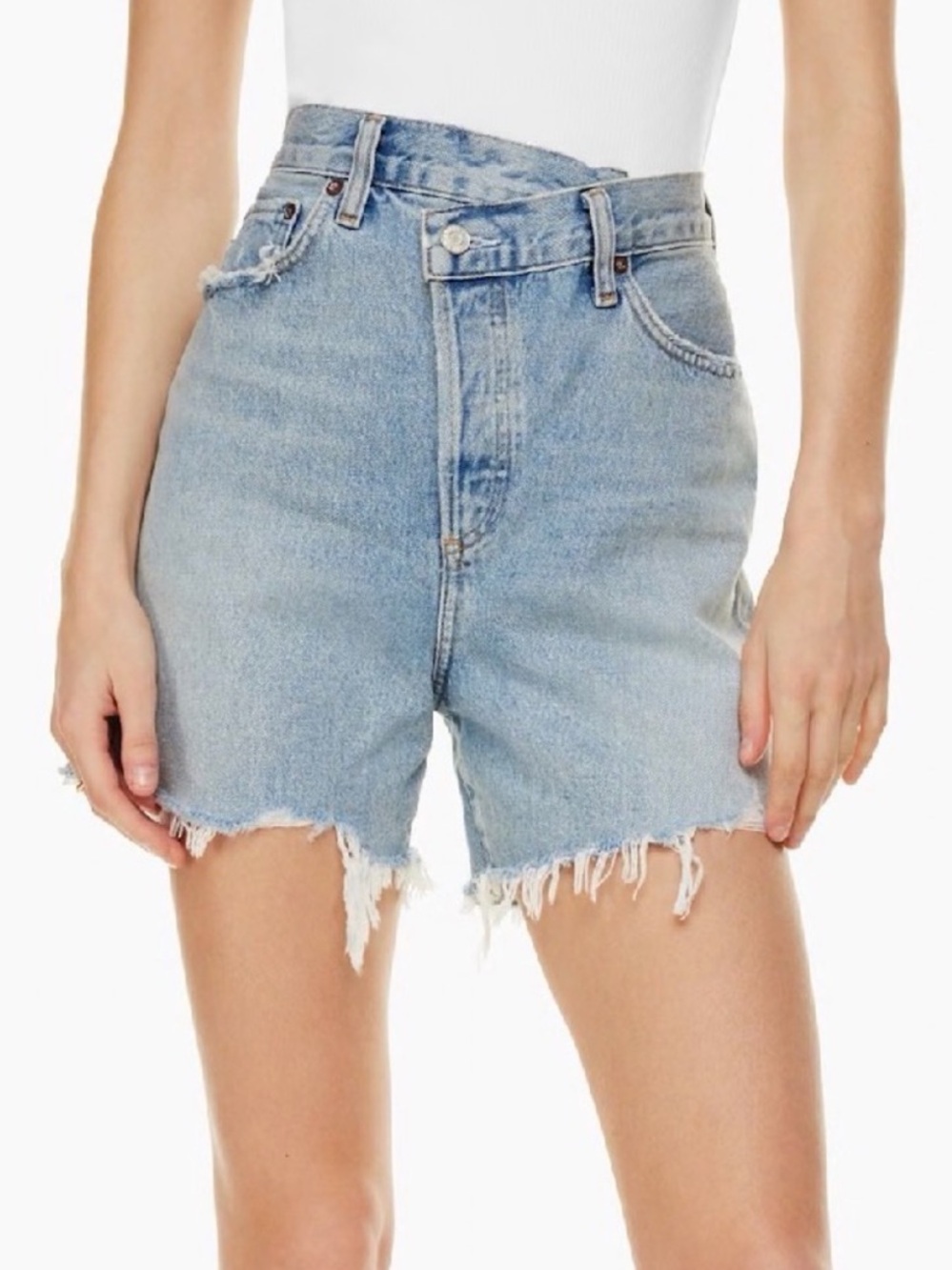 Agolde Criss Cross Light Blue High-Rise Distressed Jean Shorts 34